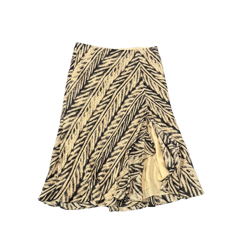 Ralph Lauren Vintage Silk Linen Skirt beige black M Ruffle front slit fits large